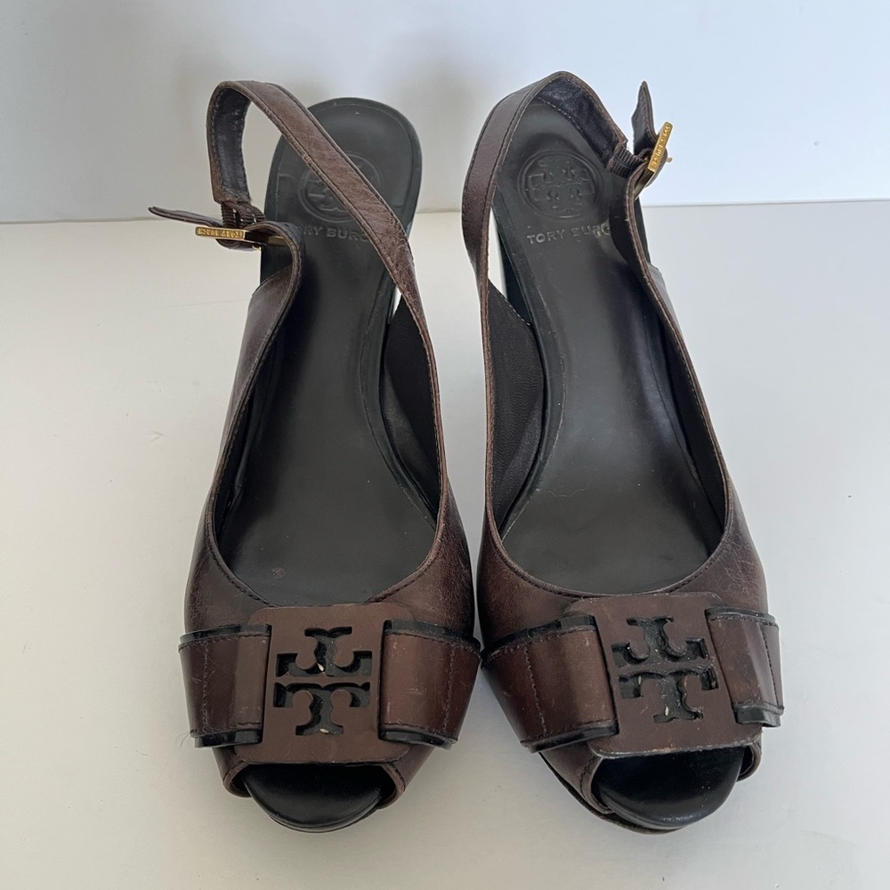Tory Burch Brown Open Toe Slingback Wood Heel Size 8 Medium - Picture 2 of 9